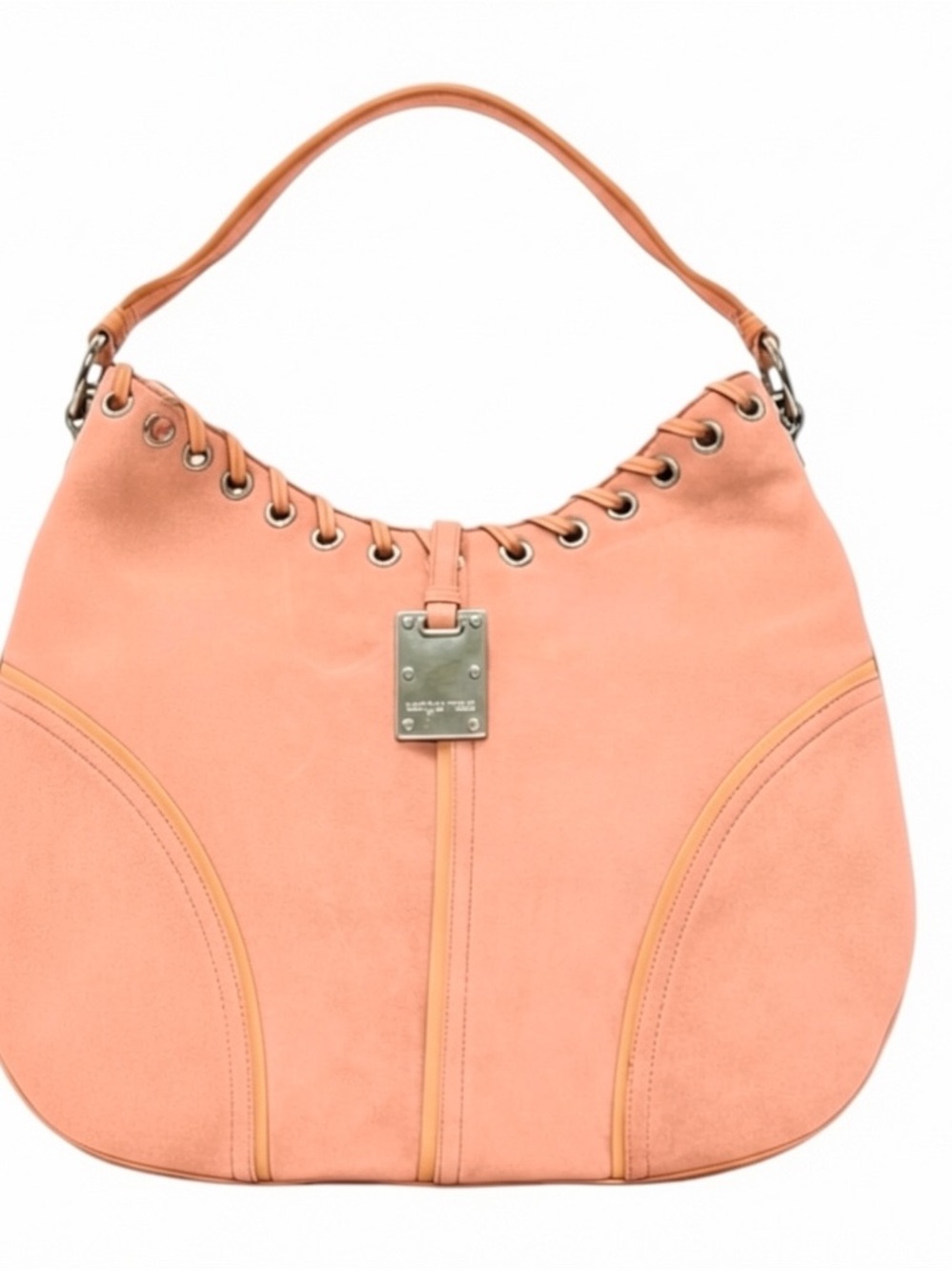 Sergio Rossi Coral Suede Hobo Bag Leather Laced Grommet Shoulder Purse Italy